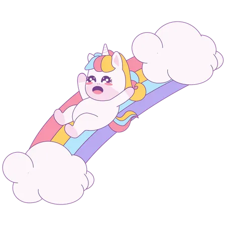 Unicórnio deslizando no arco-íris  Ilustração