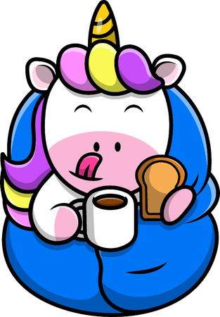 Unicornio está tomando café con pan.  Ilustración