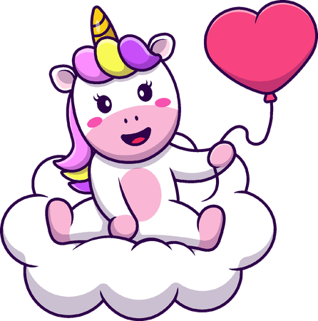 Unicornio sostiene un globo de amor de corazón en la nube  Ilustración