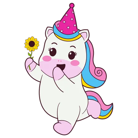 Feliz unicornio con flor  Ilustración