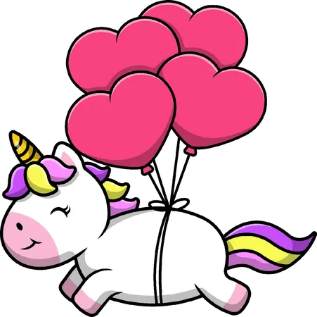 Unicornio Flotando Con Globo De Corazón  Ilustración