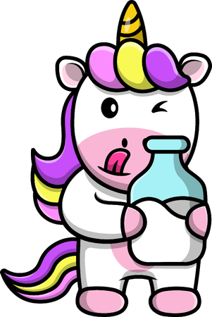 Unicornio sosteniendo una botella de leche  Ilustración