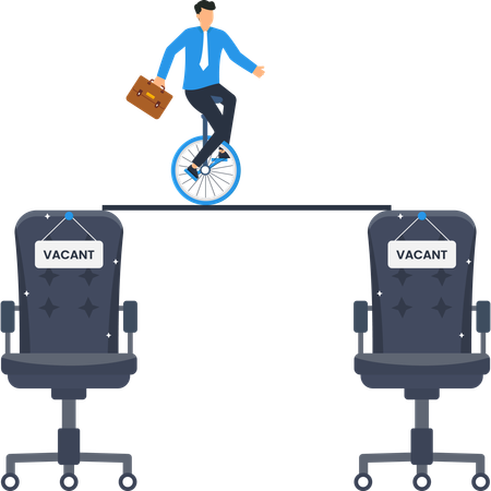 Unicycling Businessman Above Vacant Office Chairs  Illustration