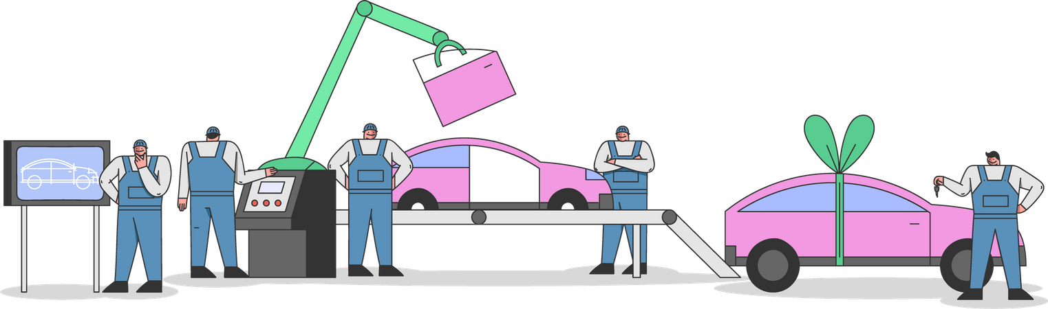 Unidad de fabricación de automóviles y personal de trabajo.  Ilustración