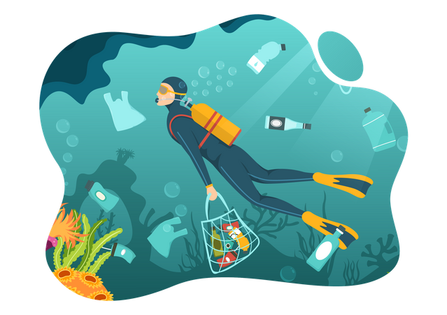 Campaña marina recogiendo basura plástica del océano  Ilustración