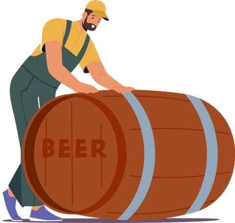 Le travailleur masculin porte un baril de bière en rouleaux uniformes  Illustration