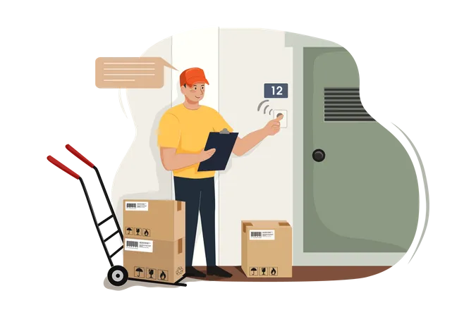 Uniformed Deliveryman Ringing Doorbell For Giving The Ordered Parcel Illustration