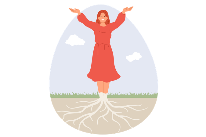 Unity of humanity and nature with happy woman connected with roots going underground  Illustration