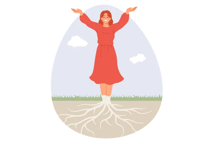 Unity of humanity and nature with happy woman connected with roots going underground  Illustration