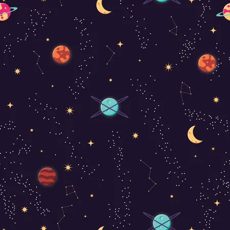 Universe with planets and stars seamless pattern, cosmos starry night sky Illustration