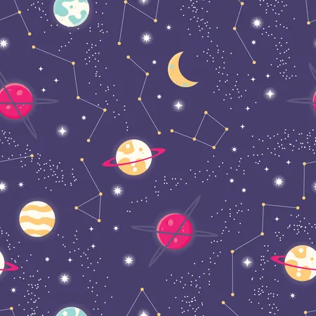 Universe with planets and stars seamless pattern, cosmos starry night sky  Illustration