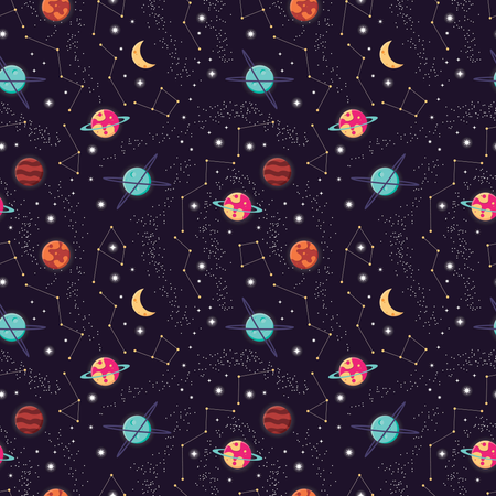 Universe with planets and stars seamless pattern, cosmos starry night sky  Illustration