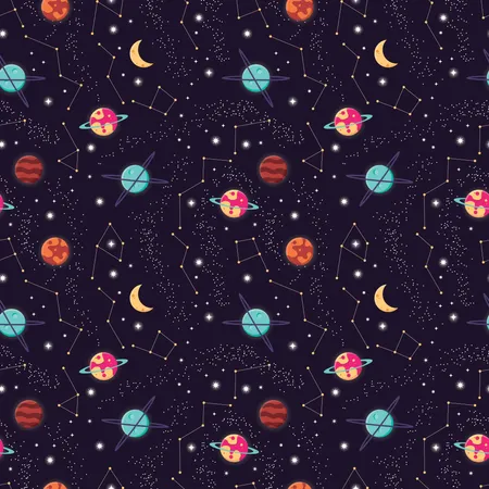 Universe with planets and stars seamless pattern, cosmos starry night sky  Illustration