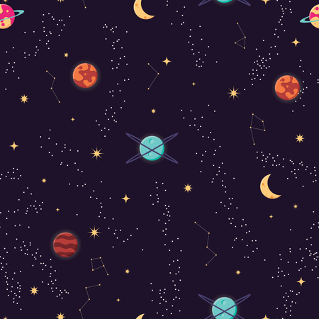 Universe with planets and stars seamless pattern, cosmos starry night sky  Illustration