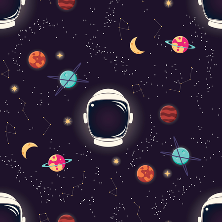 Universe with planets, stars and astronaut helmet seamless pattern, cosmos starry night sky Illustration