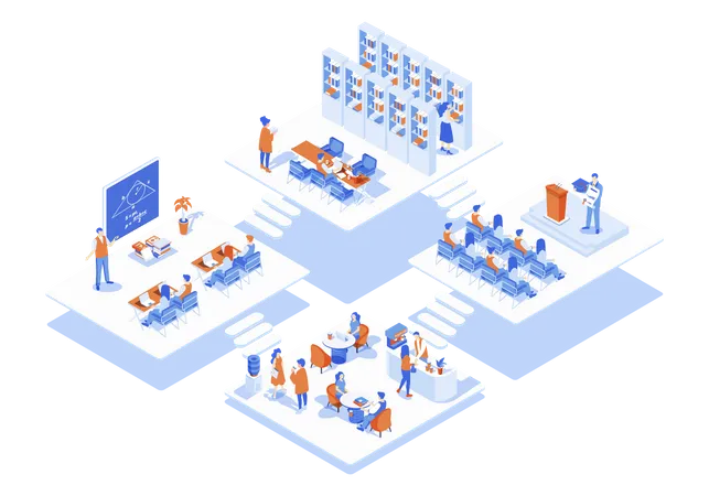 University Concept 3 D Isometric Web Scene With Infographic Students Learning At Auditorium And Conference Room People Sit In Cafeteria And Library Vector Illustration In Isometry Graphic Design Illustration