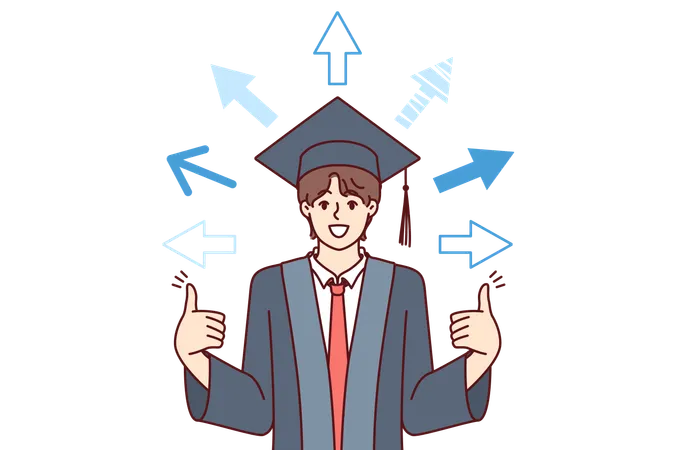 University graduate received good education shows fingers up standing among arrows  Illustration