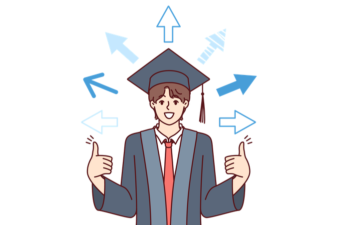 University graduate received good education shows fingers up standing among arrows  Illustration