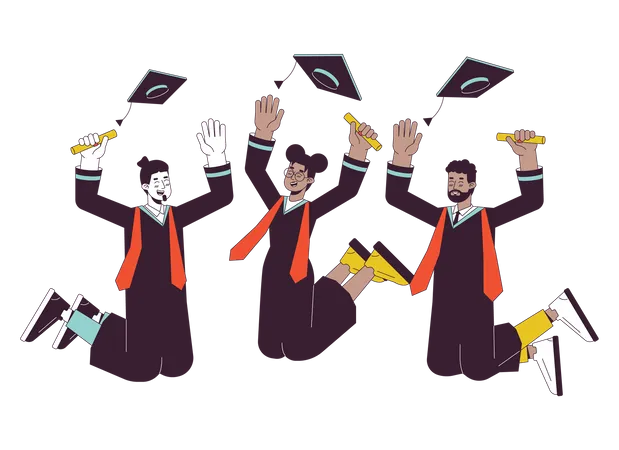 University Graduation Flat Line Vector Spot Illustration Graduates Throwing College Caps 2 D Cartoon Outline Characters On White For Web UI Design Masters Students Editable Isolated Color Hero Image Illustration