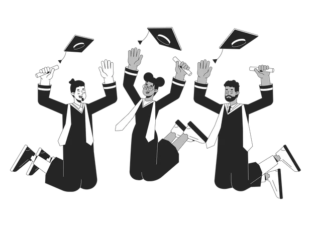 University Graduation Bw Vector Spot Illustration Graduates Throw College Caps 2 D Cartoon Flat Line Monochromatic Characters For Web UI Design Masters Students Editable Isolated Outline Hero Image Illustration