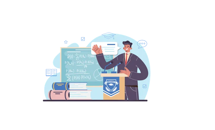 University Professor Web Banner Or Landing Page Lecturer Standing In Front Of Chalkboard With Formulas University Rector Profession Bachelor And Master Degree Diploma Flat Vector Illustration Illustration