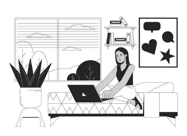 University Student Homework Bw Vector Spot Illustration Studying College Student Laptop In Bed 2 D Cartoon Flat Line Monochromatic Character For Web UI Design Editable Isolated Outline Hero Image イラスト