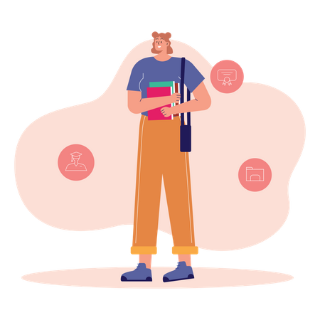 University student holding book and bag  Illustration