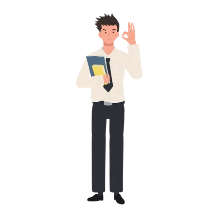 Thai University Student In Uniform Holding Books And Doing OK Hand Sign Gesture Illustration