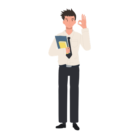 University Student Holding Books and doing OK hand sign gesture  Illustration