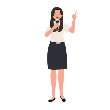 Confident Thai University Student In Uniform Is Giving A Campus Speech By Microphone Illustration