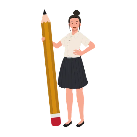 Education Concept Thai University Student In Uniform With Big Pencil Illustration