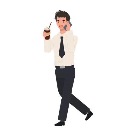 University Student Multitasking with Iced Coffee and Smartphone on Campus  イラスト