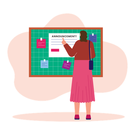 University student reading announcing notice on notice board  Illustration