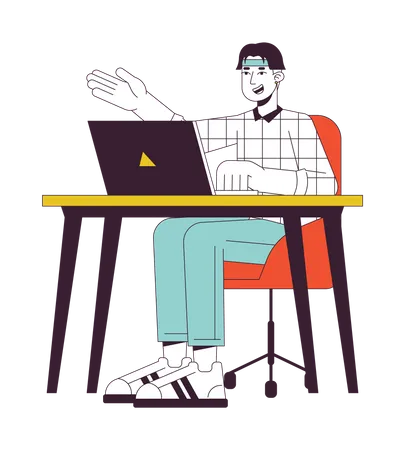 University Student Sitting At Table Flat Line Color Vector Character Editable Outline Full Body Person On White Student Desk Laptop Simple Cartoon Spot Illustration For Web Graphic Design Illustration