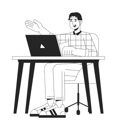 University Student Sitting At Table Flat Line Black White Vector Character Editable Outline Full Body Person Student Desk Laptop Simple Cartoon Isolated Spot Illustration For Web Design Illustration