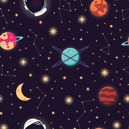 Universo com planetas, estrelas e padrão sem costura de capacete de astronauta, céu noturno estrelado do cosmos  Ilustração