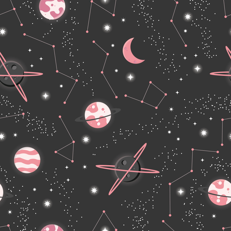 Universum mit Planeten und Sternen, nahtloses Muster, sternenklarer Nachthimmel des Kosmos  Illustration