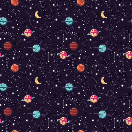 Universum mit Planeten und Sternen, nahtloses Muster, sternenklarer Nachthimmel des Kosmos  Illustration