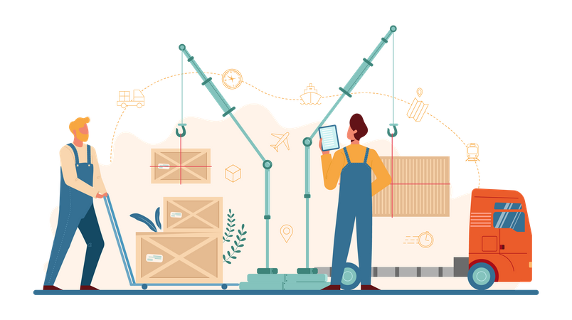 Unloading boxes and container  Illustration