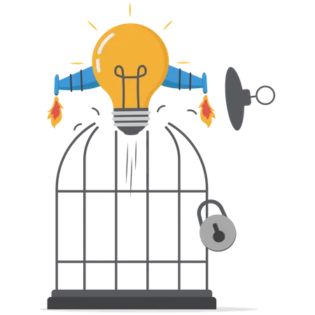 Unleash Creativity Or Unlock Business Idea To Grow Beyond Limitation Concept Lightbulb Creative Idea Breaking Birdcage With Launching Rocket Booster Illustration
