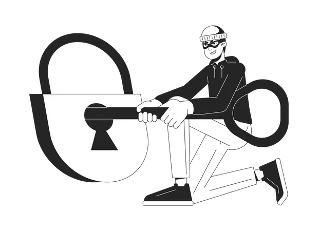 Unlock Padlock By Key Bw Concept Vector Spot Illustration Hacker In Mask Trying To Open Lock 2 D Cartoon Flat Line Monochromatic Character For Web UI Design Editable Isolated Outline Hero Image 일러스트레이션