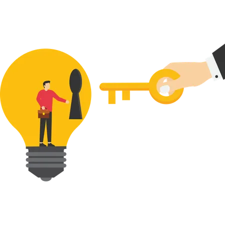 Unlock True Potential Ideal Self To Success In Career Or Business Secret Mind Or Skill To Solve Problem Concept Confidence Businessman Holding Golden Key About To Activate Employee Potential Illustration