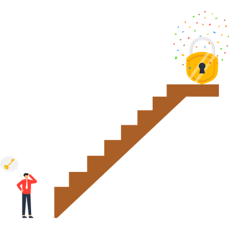 Unlocking Success Businessman Climbing Stairs to Golden Padlock  Illustration