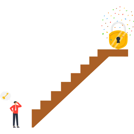 Unlocking Success Businessman Climbing Stairs to Golden Padlock  Illustration