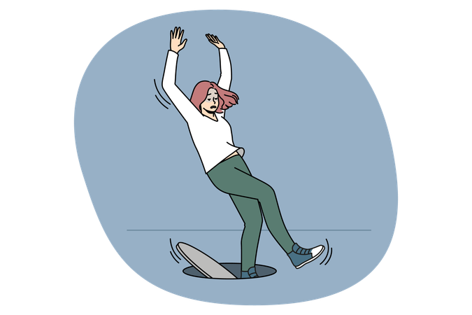 Unlucky woman fall into open hatch  Illustration