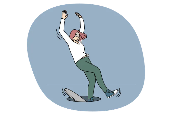 Unlucky woman fall into open hatch  Illustration