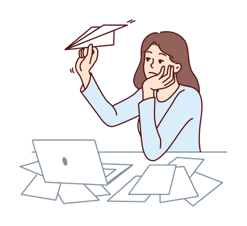 Unmotivated woman freelancer sitting at office desk with laptop and launching paper planes  Illustration