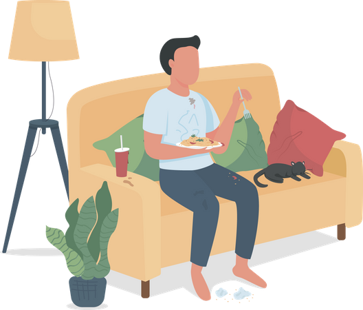 Unordentlicher Mann isst auf der Couch  Illustration