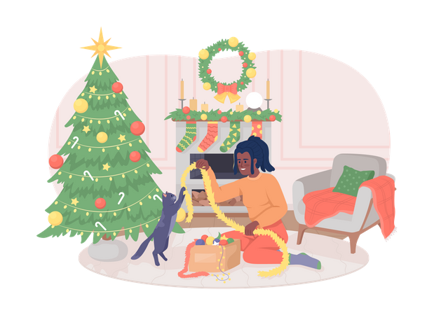 Unpacking Christmas decorations with cat Illustration