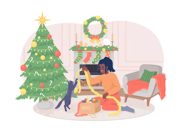 Unpacking Christmas decorations with cat  Illustration